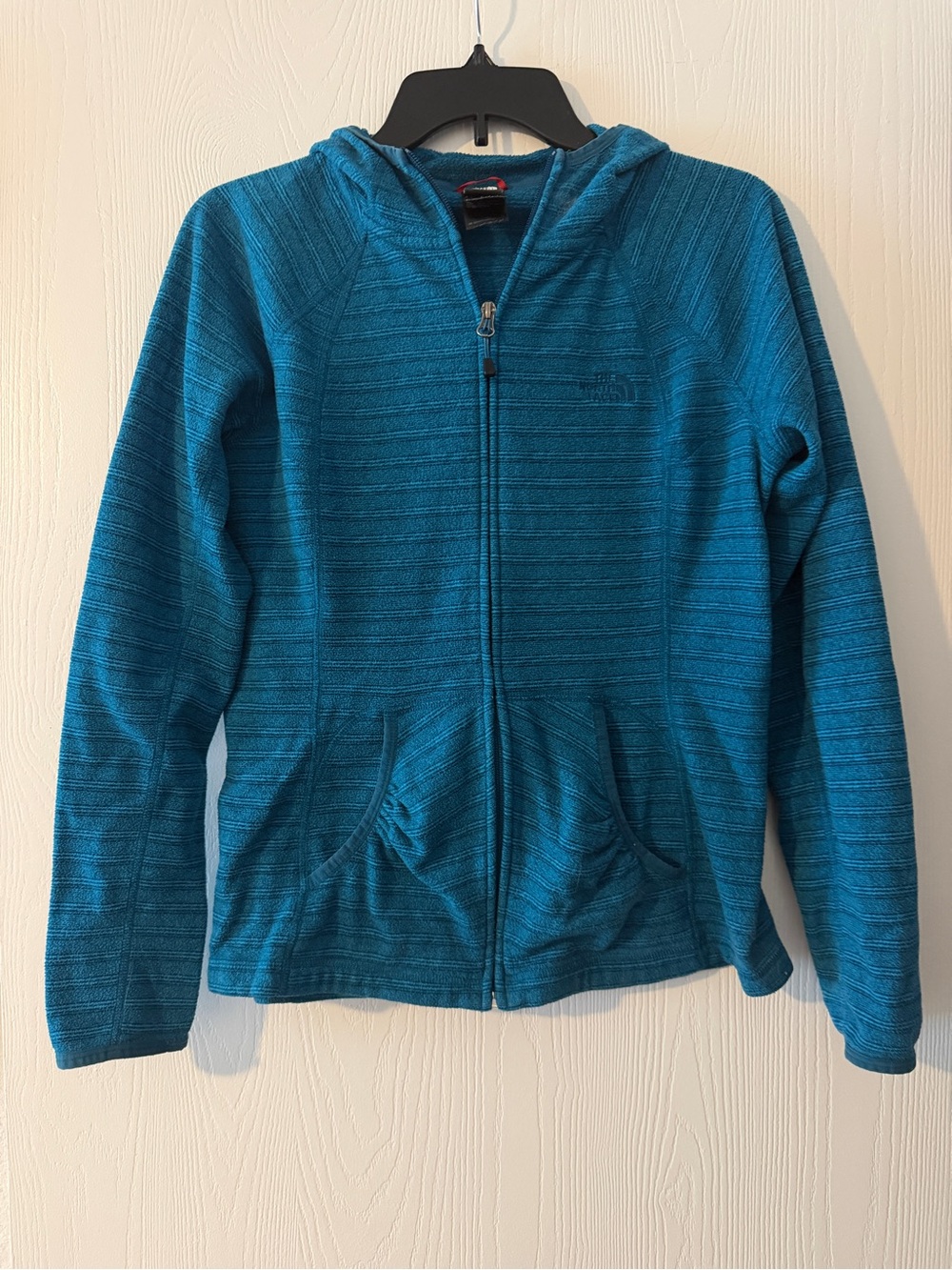 The North Face Aqua Blue Striped Fleece Hoodie Zip Medium Jacket Cozy